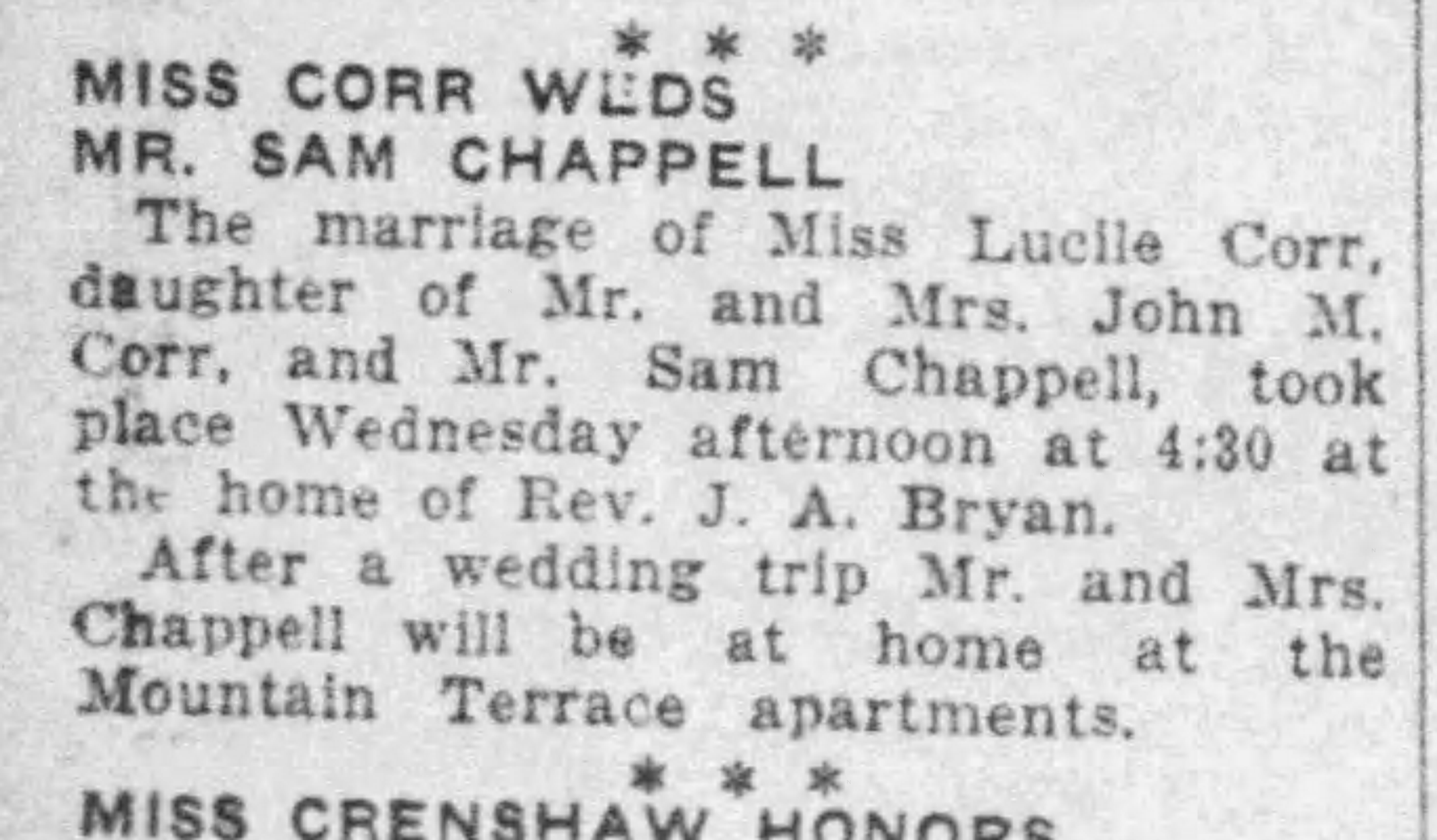 Miss Corr Weds Mr. Sam Chappell